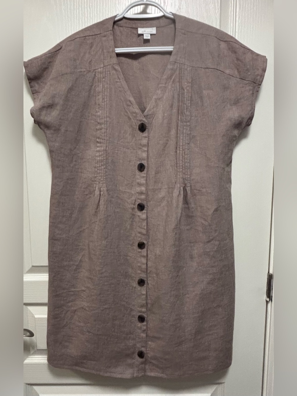 J.Jill linen Dress pleated detail button down v neck size S tan short sleeves